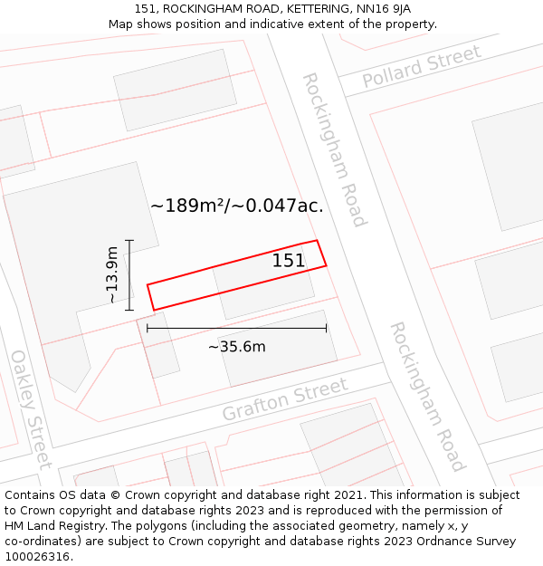 151, ROCKINGHAM ROAD, KETTERING, NN16 9JA: Plot and title map