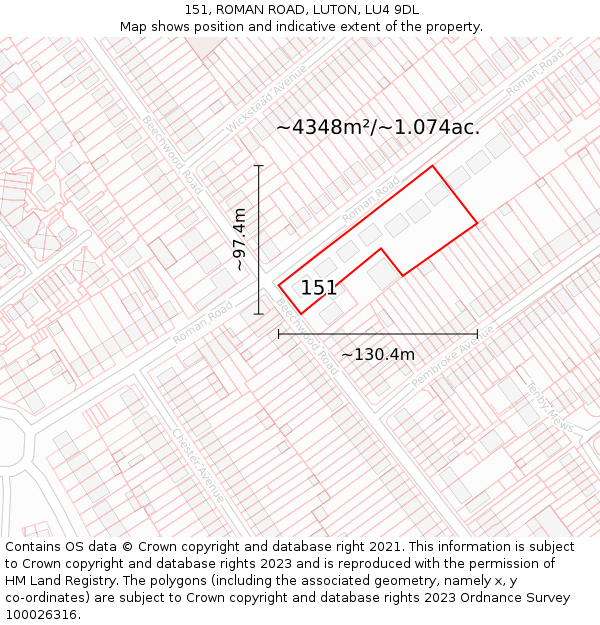 151, ROMAN ROAD, LUTON, LU4 9DL: Plot and title map