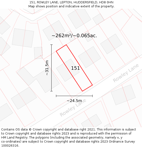 151, ROWLEY LANE, LEPTON, HUDDERSFIELD, HD8 0HN: Plot and title map
