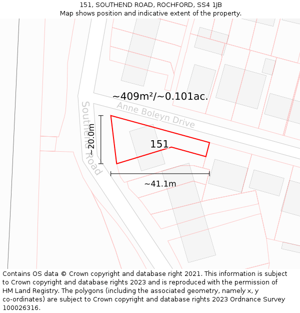 151, SOUTHEND ROAD, ROCHFORD, SS4 1JB: Plot and title map