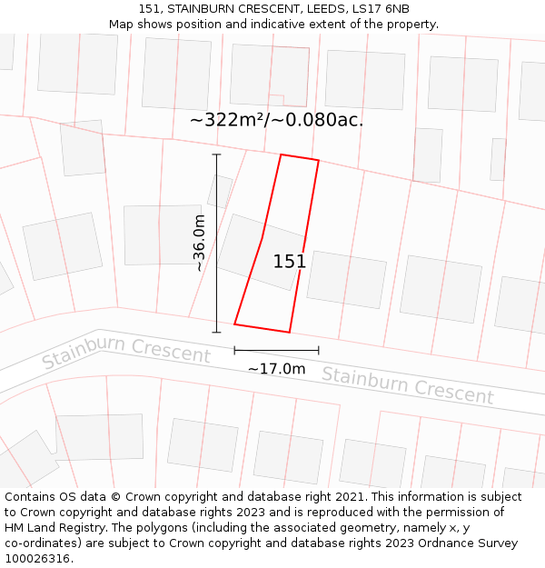 151, STAINBURN CRESCENT, LEEDS, LS17 6NB: Plot and title map