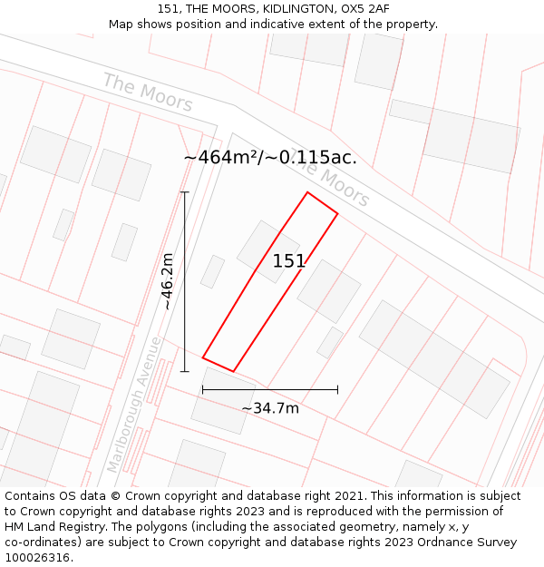 151, THE MOORS, KIDLINGTON, OX5 2AF: Plot and title map