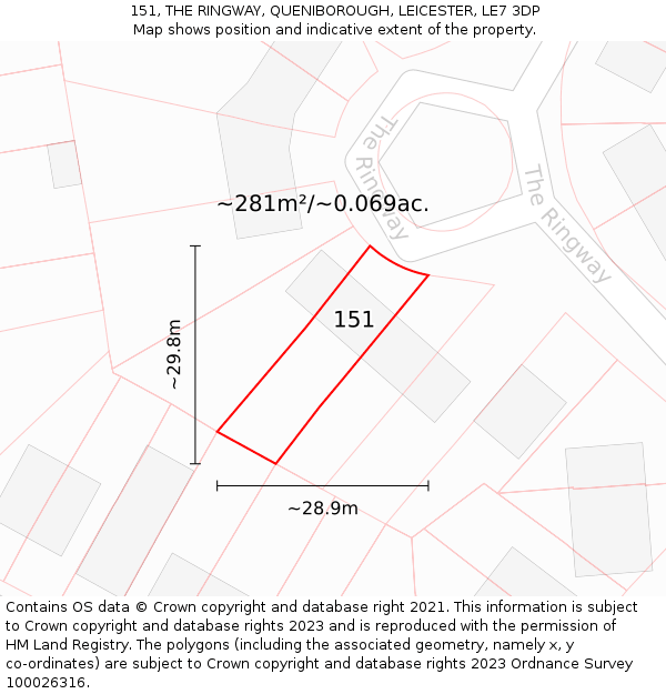 151, THE RINGWAY, QUENIBOROUGH, LEICESTER, LE7 3DP: Plot and title map