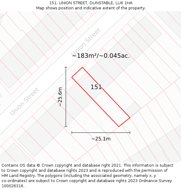 151, UNION STREET, DUNSTABLE, LU6 1HA: Plot and title map