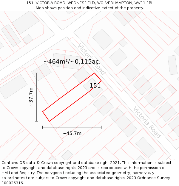 151, VICTORIA ROAD, WEDNESFIELD, WOLVERHAMPTON, WV11 1RL: Plot and title map