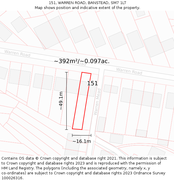151, WARREN ROAD, BANSTEAD, SM7 1LT: Plot and title map