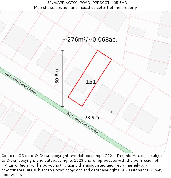 151, WARRINGTON ROAD, PRESCOT, L35 5AD: Plot and title map