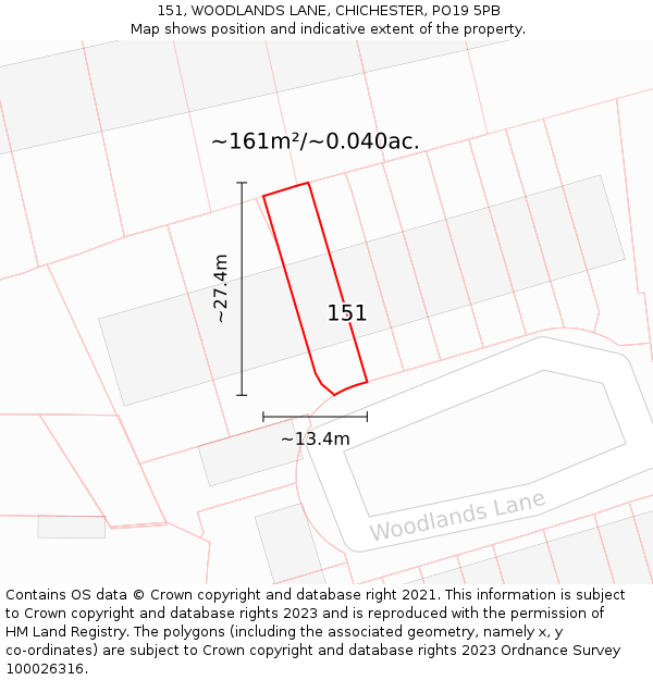 151, WOODLANDS LANE, CHICHESTER, PO19 5PB: Plot and title map