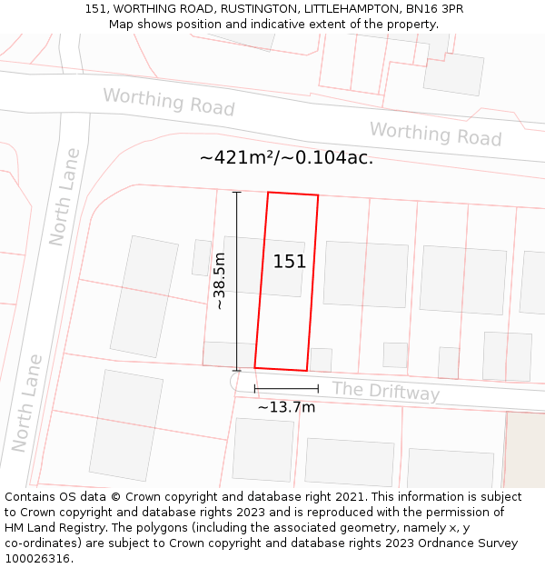 151, WORTHING ROAD, RUSTINGTON, LITTLEHAMPTON, BN16 3PR: Plot and title map