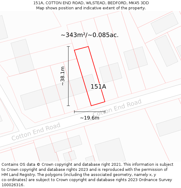151A, COTTON END ROAD, WILSTEAD, BEDFORD, MK45 3DD: Plot and title map