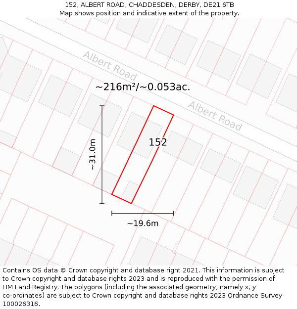 152, ALBERT ROAD, CHADDESDEN, DERBY, DE21 6TB: Plot and title map