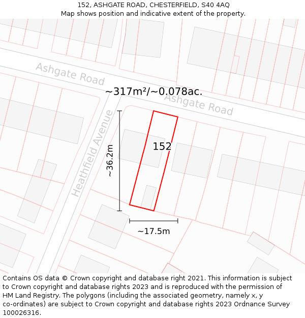 152, ASHGATE ROAD, CHESTERFIELD, S40 4AQ: Plot and title map