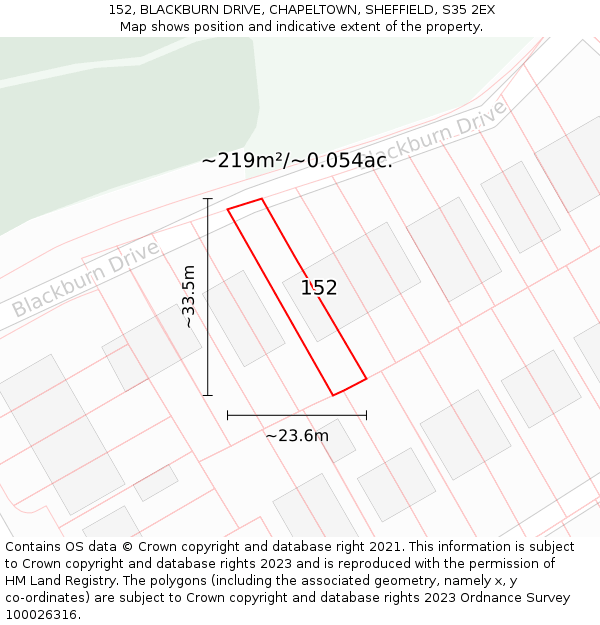 152, BLACKBURN DRIVE, CHAPELTOWN, SHEFFIELD, S35 2EX: Plot and title map