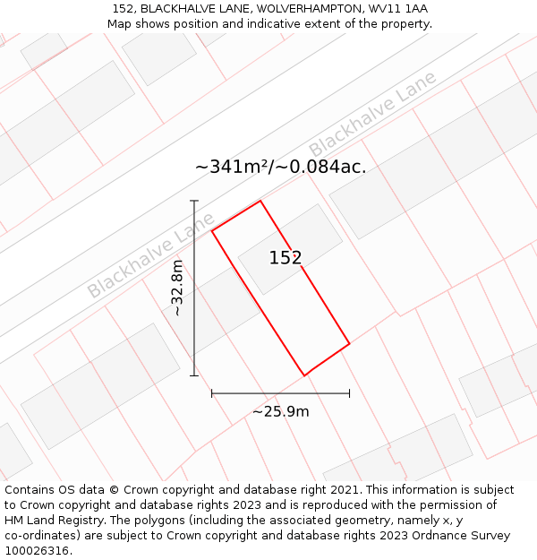 152, BLACKHALVE LANE, WOLVERHAMPTON, WV11 1AA: Plot and title map
