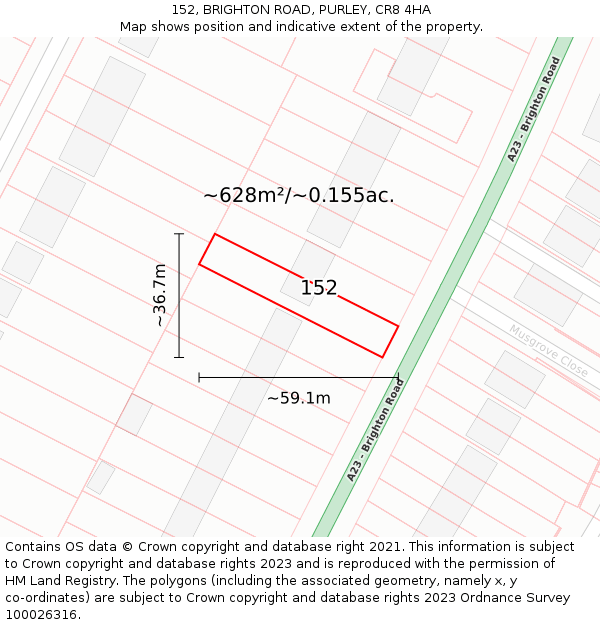 152, BRIGHTON ROAD, PURLEY, CR8 4HA: Plot and title map
