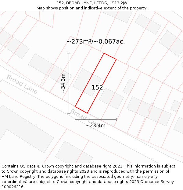 152, BROAD LANE, LEEDS, LS13 2JW: Plot and title map