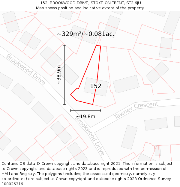 152, BROOKWOOD DRIVE, STOKE-ON-TRENT, ST3 6JU: Plot and title map