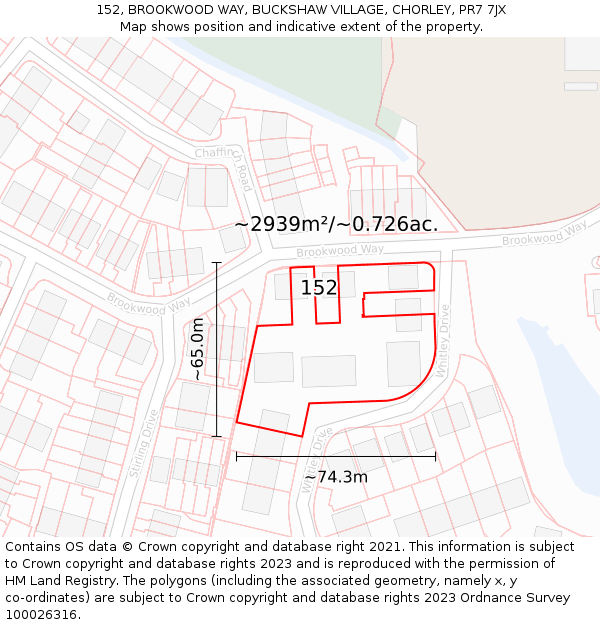 152, BROOKWOOD WAY, BUCKSHAW VILLAGE, CHORLEY, PR7 7JX: Plot and title map