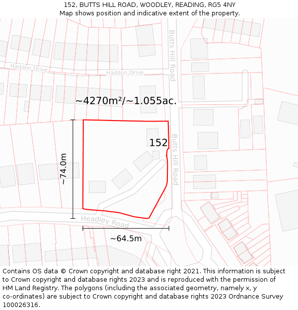 152, BUTTS HILL ROAD, WOODLEY, READING, RG5 4NY: Plot and title map