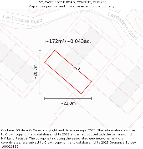 152, CASTLEDENE ROAD, CONSETT, DH8 7EB: Plot and title map