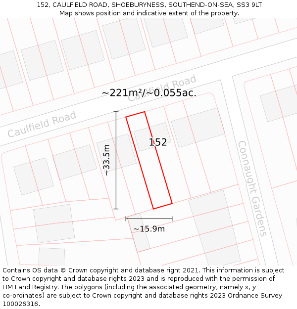 152, CAULFIELD ROAD, SHOEBURYNESS, SOUTHEND-ON-SEA, SS3 9LT: Plot and title map