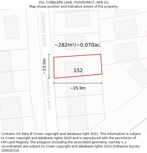 152, COBBLERS LANE, PONTEFRACT, WF8 2LL: Plot and title map