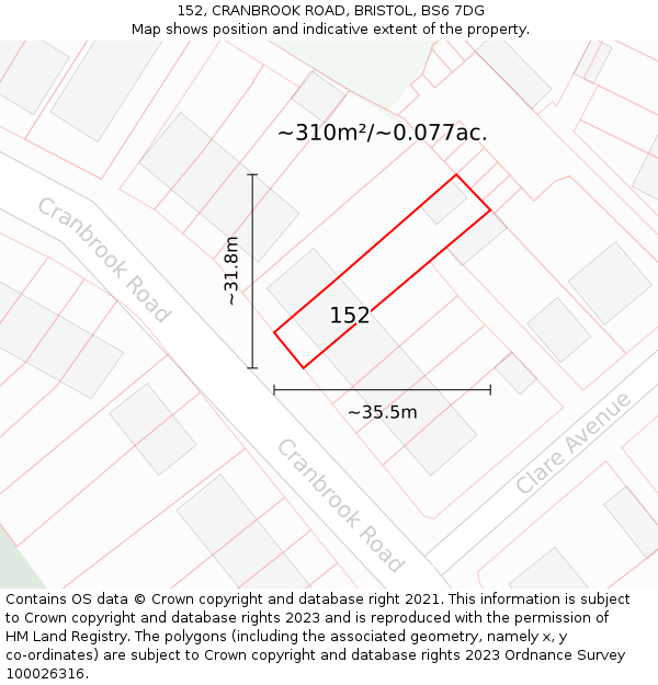 152, CRANBROOK ROAD, BRISTOL, BS6 7DG: Plot and title map