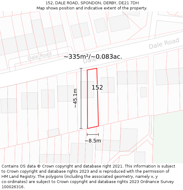 152, DALE ROAD, SPONDON, DERBY, DE21 7DH: Plot and title map