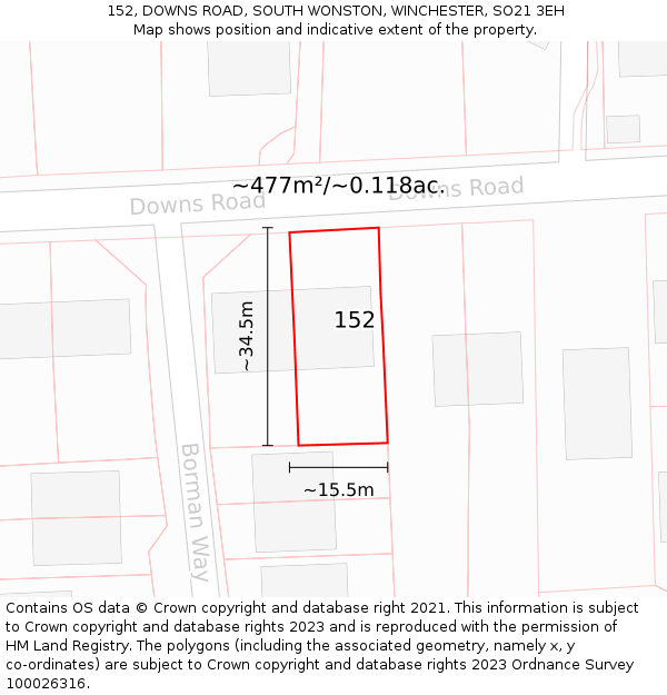 152, DOWNS ROAD, SOUTH WONSTON, WINCHESTER, SO21 3EH: Plot and title map