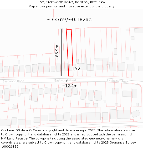 152, EASTWOOD ROAD, BOSTON, PE21 0PW: Plot and title map