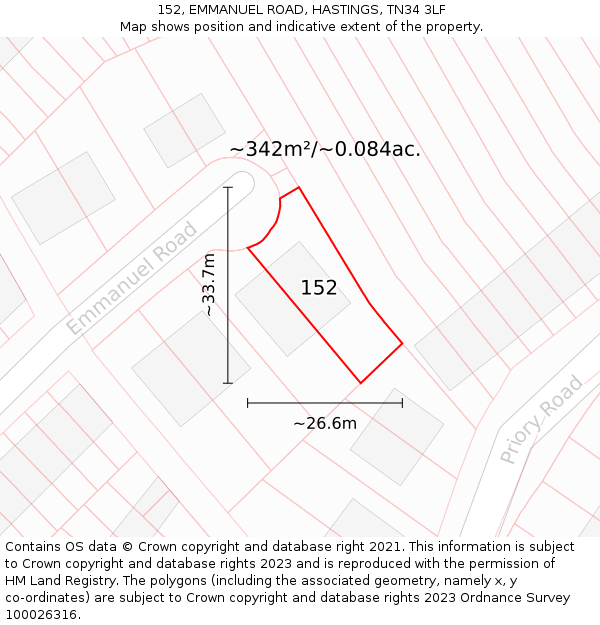 152, EMMANUEL ROAD, HASTINGS, TN34 3LF: Plot and title map