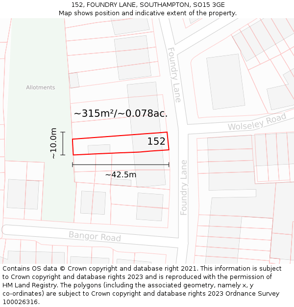 152, FOUNDRY LANE, SOUTHAMPTON, SO15 3GE: Plot and title map