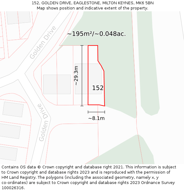 152, GOLDEN DRIVE, EAGLESTONE, MILTON KEYNES, MK6 5BN: Plot and title map