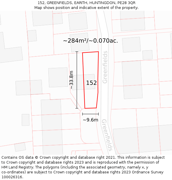 152, GREENFIELDS, EARITH, HUNTINGDON, PE28 3QR: Plot and title map