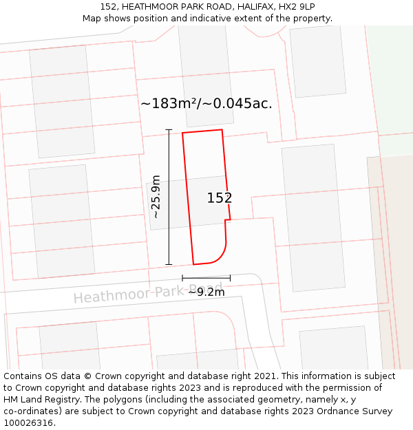 152, HEATHMOOR PARK ROAD, HALIFAX, HX2 9LP: Plot and title map