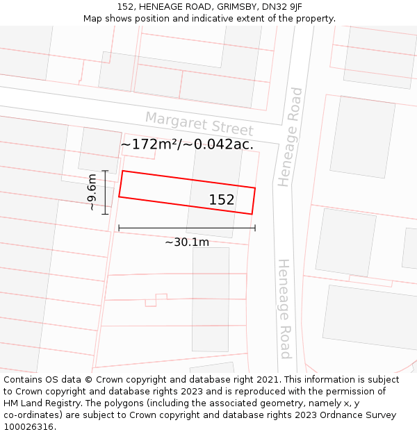 152, HENEAGE ROAD, GRIMSBY, DN32 9JF: Plot and title map