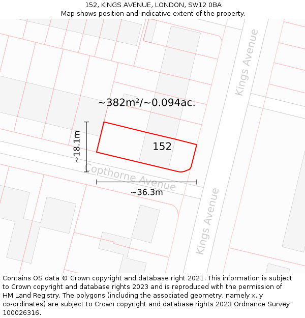 152, KINGS AVENUE, LONDON, SW12 0BA: Plot and title map
