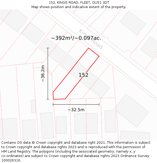 152, KINGS ROAD, FLEET, GU51 3DT: Plot and title map