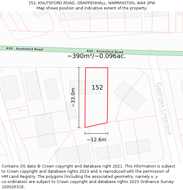 152, KNUTSFORD ROAD, GRAPPENHALL, WARRINGTON, WA4 2PW: Plot and title map