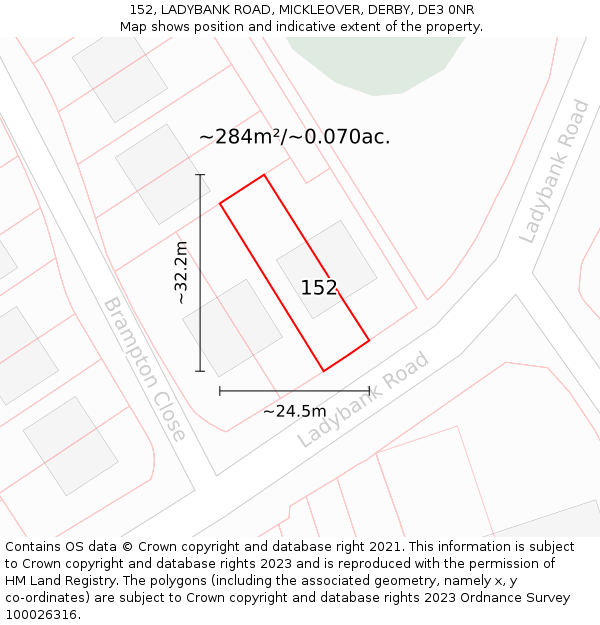 152, LADYBANK ROAD, MICKLEOVER, DERBY, DE3 0NR: Plot and title map