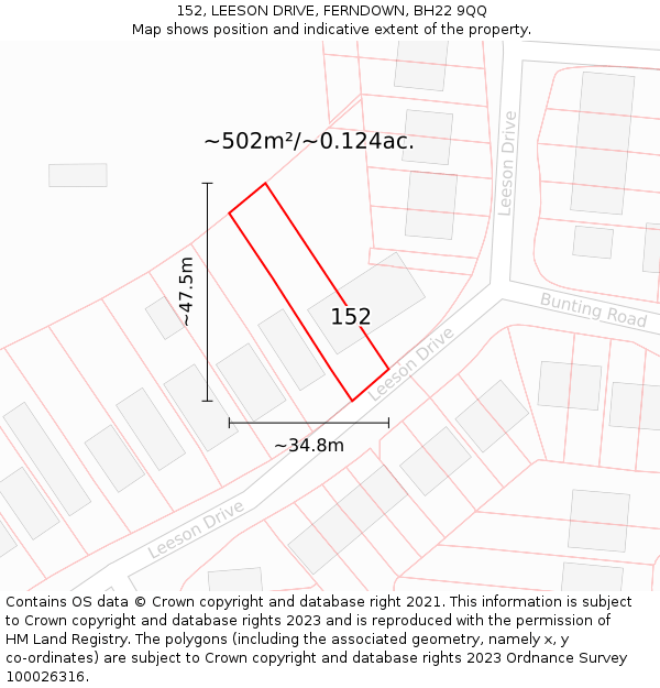 152, LEESON DRIVE, FERNDOWN, BH22 9QQ: Plot and title map