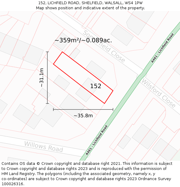 152, LICHFIELD ROAD, SHELFIELD, WALSALL, WS4 1PW: Plot and title map