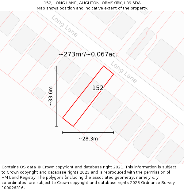 152, LONG LANE, AUGHTON, ORMSKIRK, L39 5DA: Plot and title map