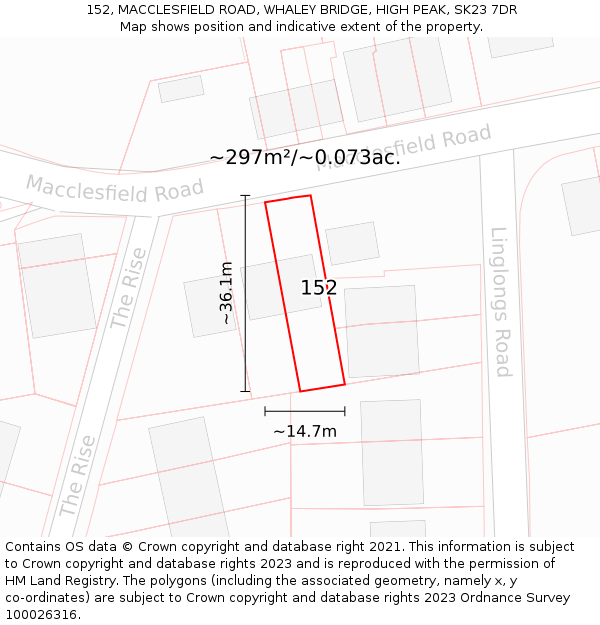 152, MACCLESFIELD ROAD, WHALEY BRIDGE, HIGH PEAK, SK23 7DR: Plot and title map