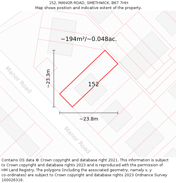 152, MANOR ROAD, SMETHWICK, B67 7HH: Plot and title map