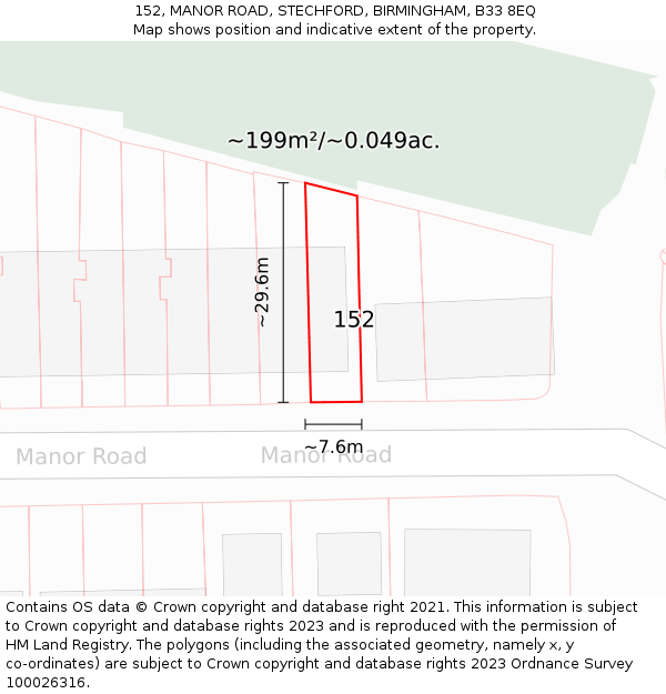 152, MANOR ROAD, STECHFORD, BIRMINGHAM, B33 8EQ: Plot and title map