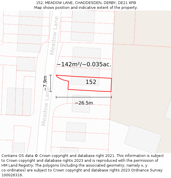 152, MEADOW LANE, CHADDESDEN, DERBY, DE21 6PB: Plot and title map