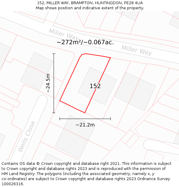 152, MILLER WAY, BRAMPTON, HUNTINGDON, PE28 4UA: Plot and title map