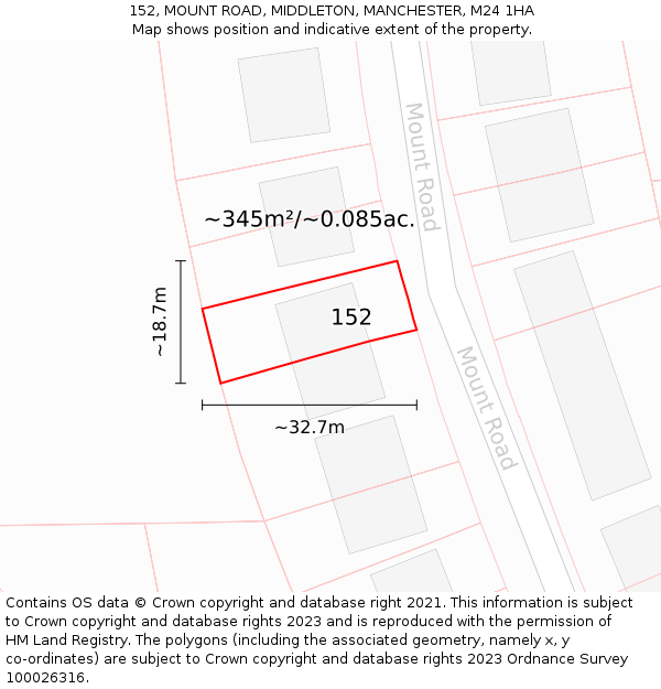 152, MOUNT ROAD, MIDDLETON, MANCHESTER, M24 1HA: Plot and title map