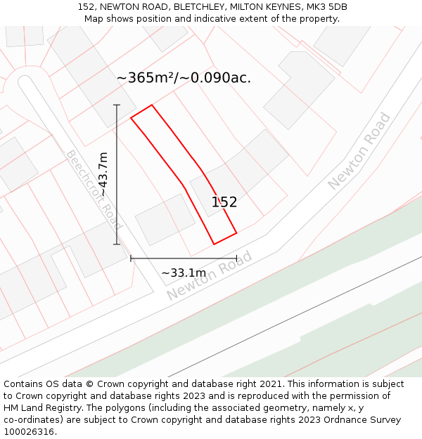 152, NEWTON ROAD, BLETCHLEY, MILTON KEYNES, MK3 5DB: Plot and title map